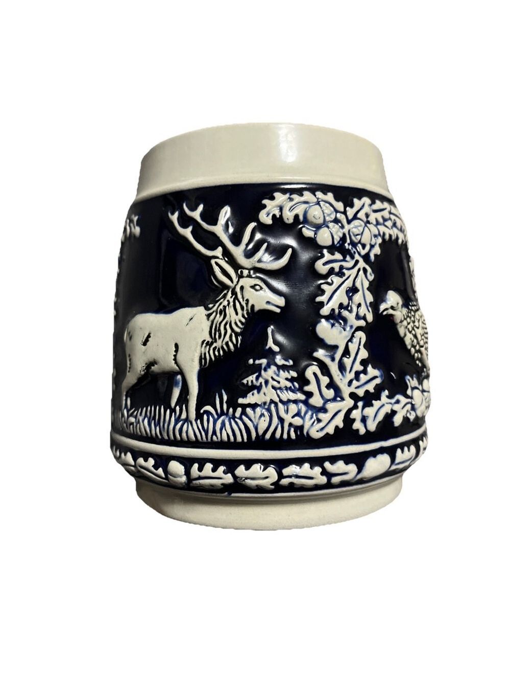 Vintage Marzi & Remy Elk & Turkey, German Beer Stein Dark Blue Relief .5L
